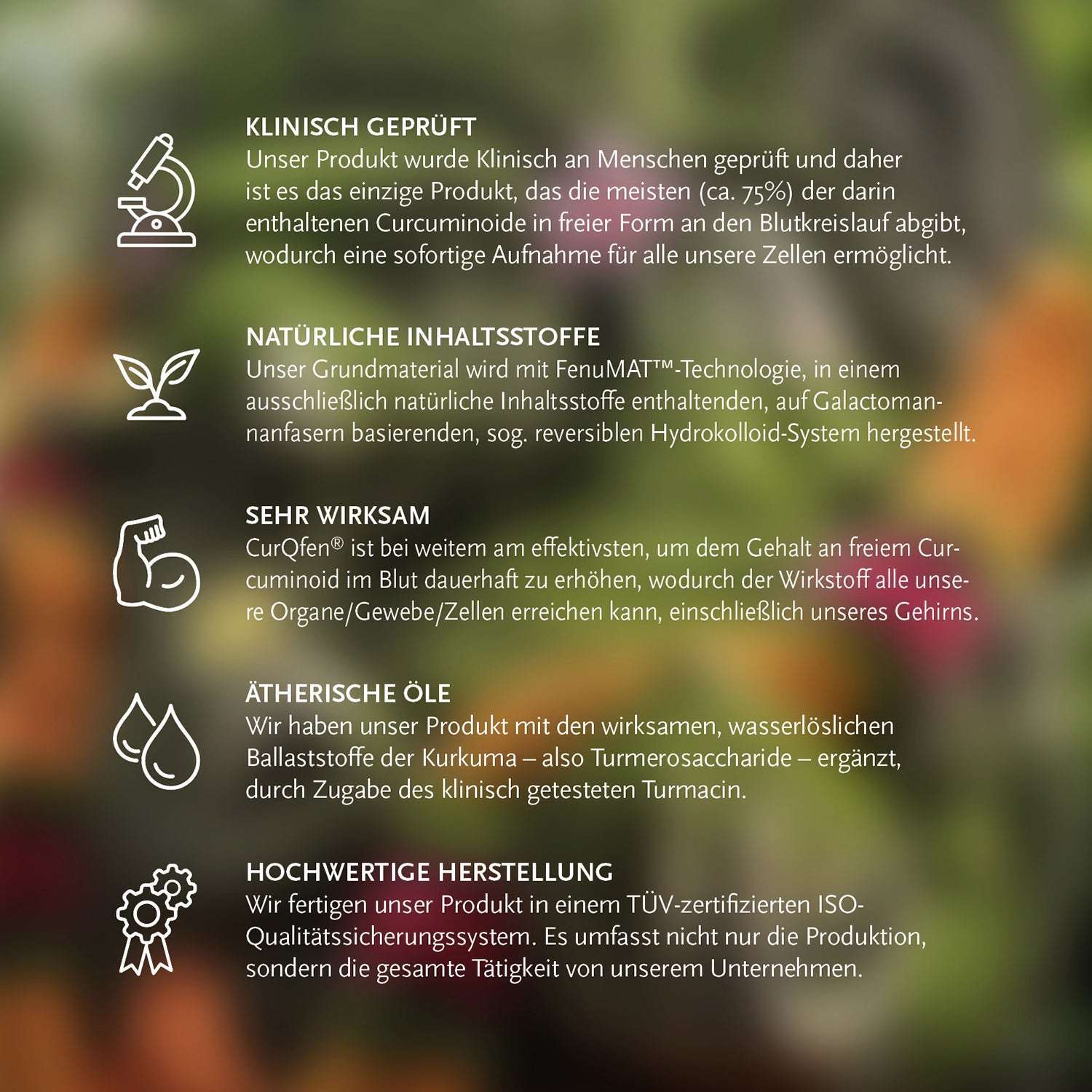 Informationsgrafik über die Vorteile von Kurkuma-Komplex, inklusive klinische Prüfungen und natürlich Inhaltsstoffe.