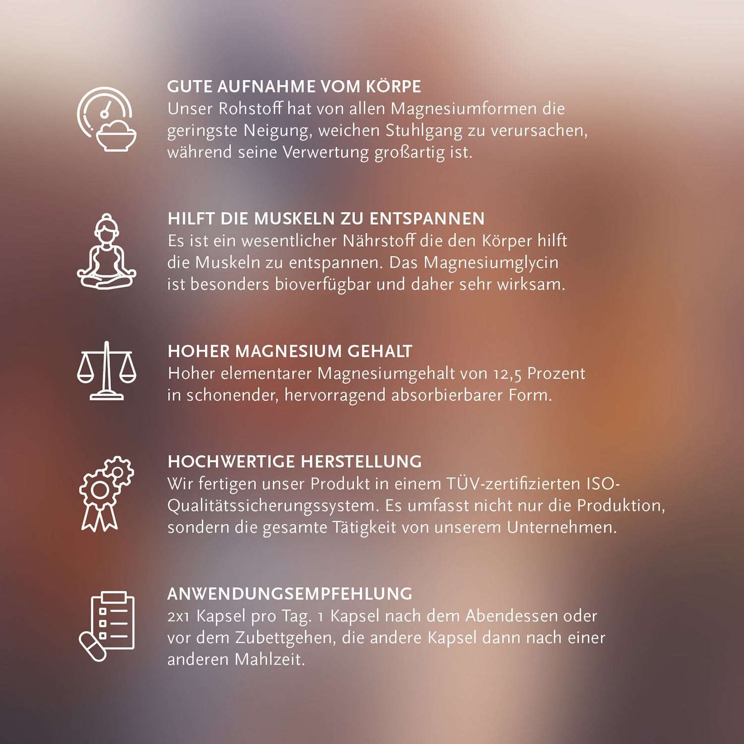 Produktinformationsblatt für GAL Magnesiumbisglycinat, betont gute Aufnahme, Muskelentspannung, hohen Magnesiumgehalt, hochwertige Herstellung.