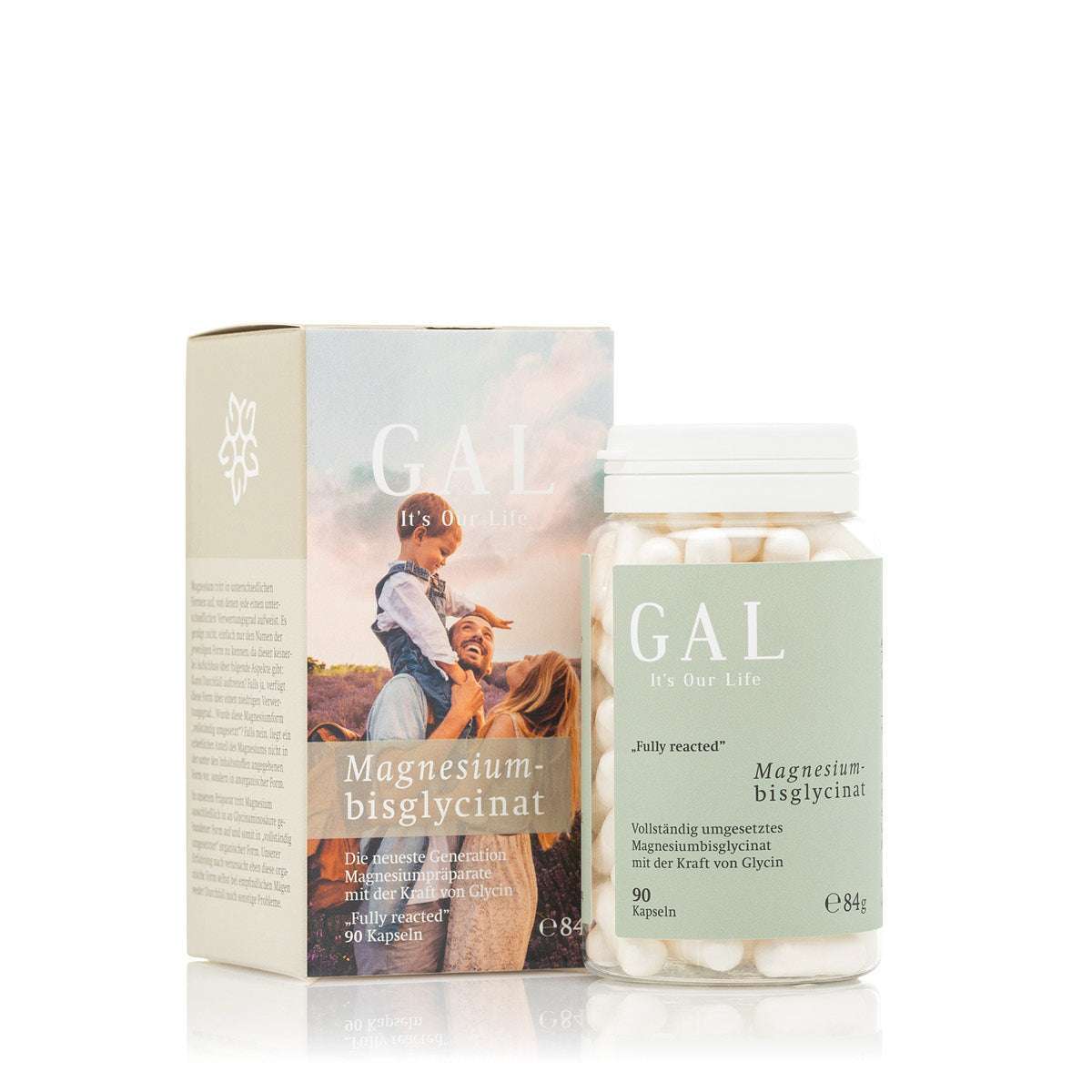 GAL Magnesium-Bisglycinat Pränatal Kombi-Set mit Verpackung und Flasche, enthält 90 Kapseln.