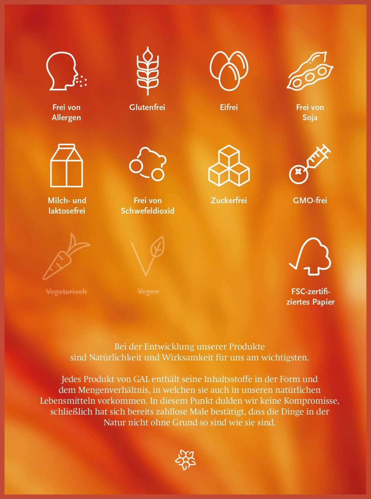Symbole für allergenfrei, glutenfrei, eifrei, sojafrei, milch- und laktosefrei, schwefelfrei, zuckerfrei, GMO-frei.