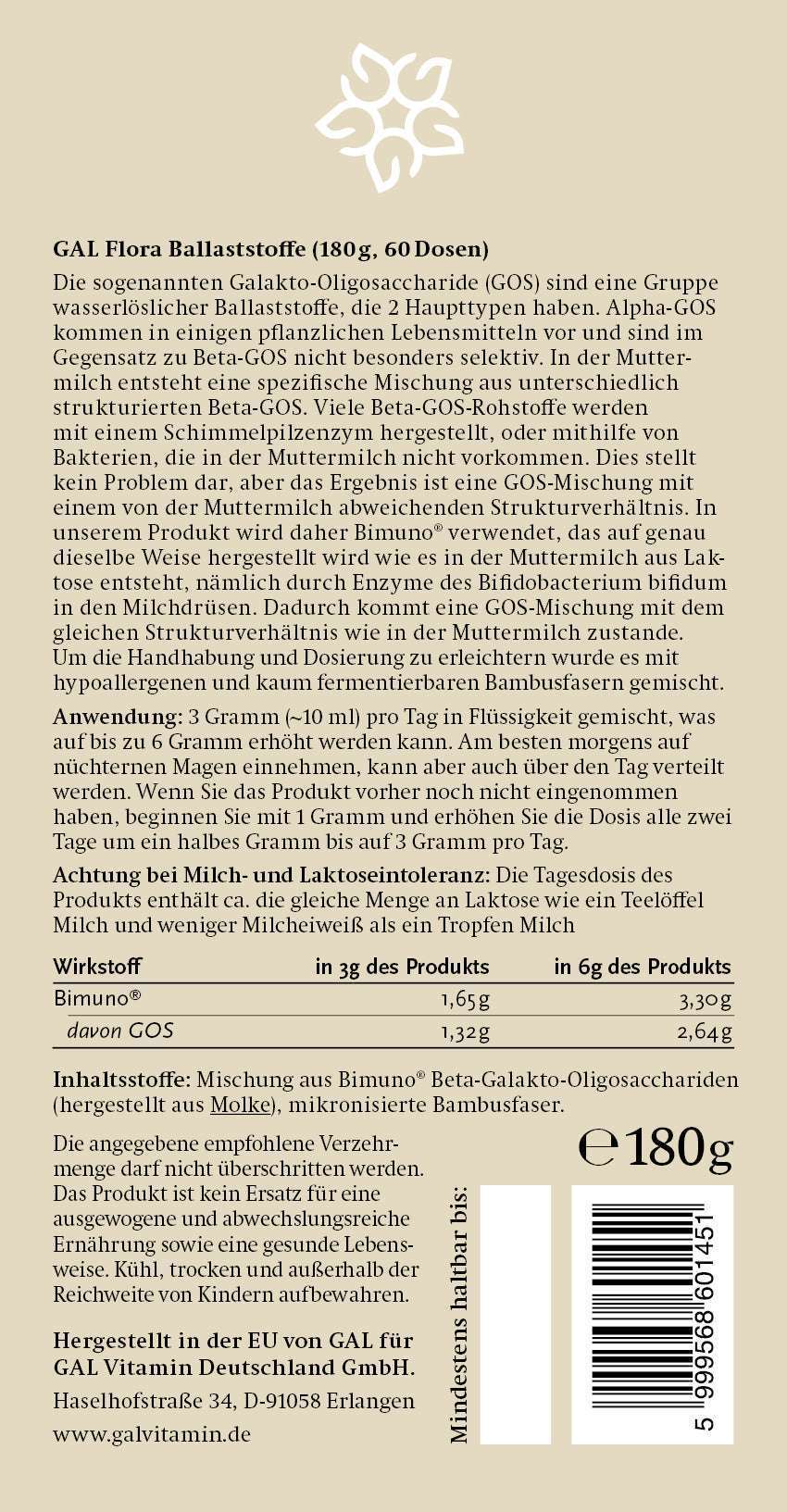 Etikett von GAL Flora Ballaststoffe-Pulver, 180g Dose, mit Nährwertangaben und Inhaltsstoffen.