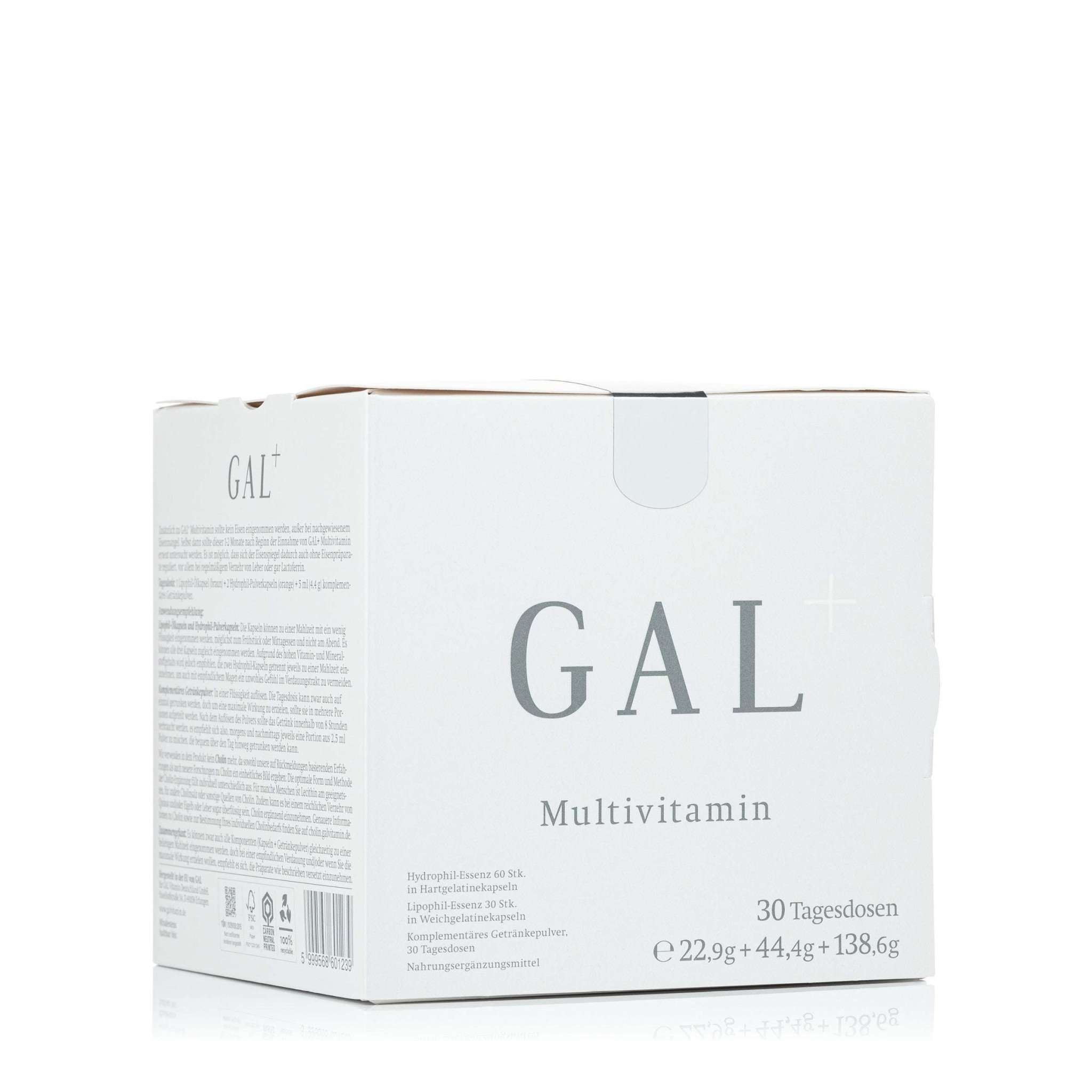 GAL+ Multivitamin-Packung, 30 Tagesdosen, weiße Schachtel mit grauem Text.