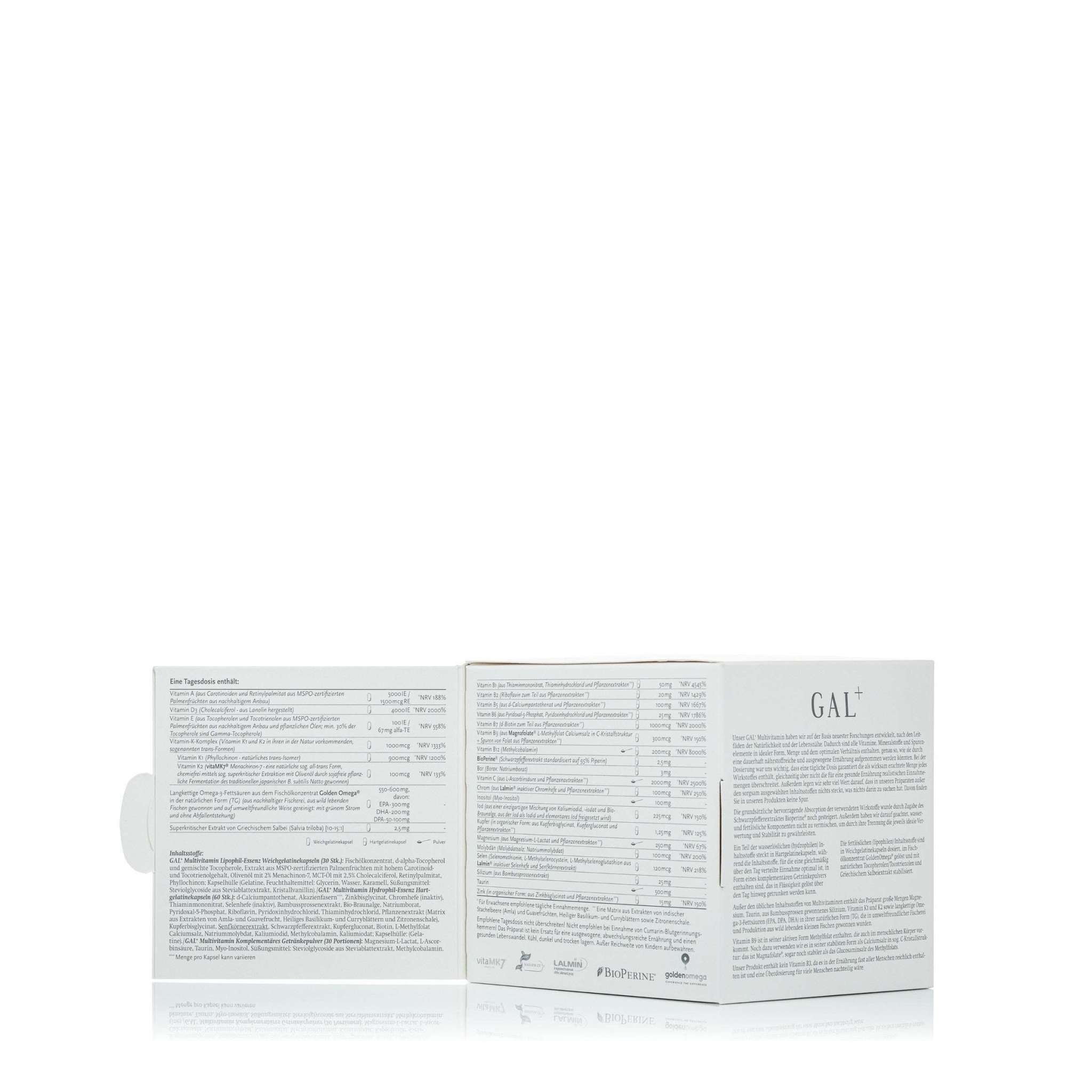 Rückseite einer GAL+ Multivitamin-Verpackung mit detaillierten Informationen zu den Inhaltsstoffen und Herstellerangaben.