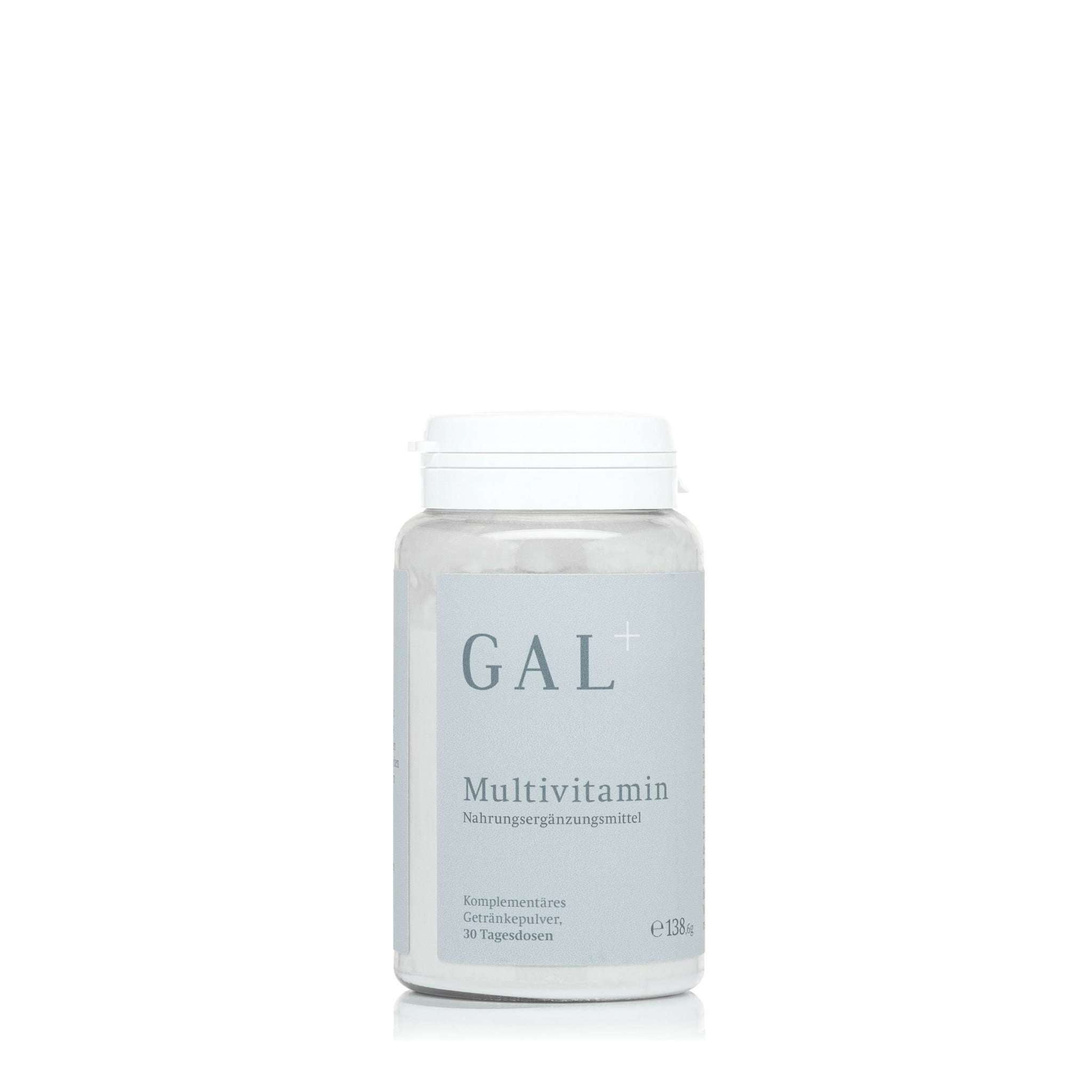 GAL+ Multivitamin-Flasche mit grauem Etikett, 30 Portionen, Nahrungsergänzungsmittel.