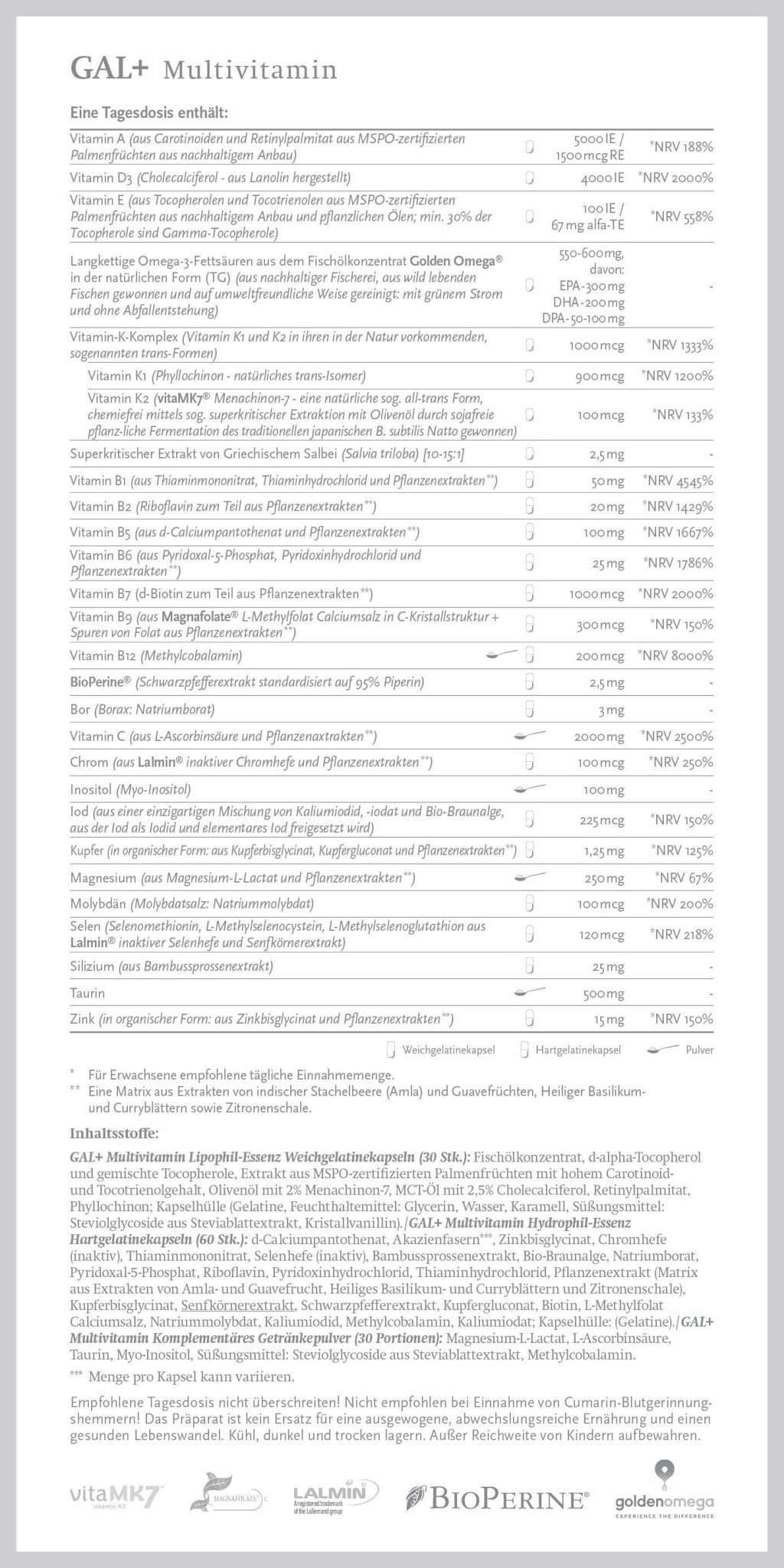 Etikett eines GAL+ Multivitamins mit Zutatenliste, Dosierungsanweisungen und Markenlogos.