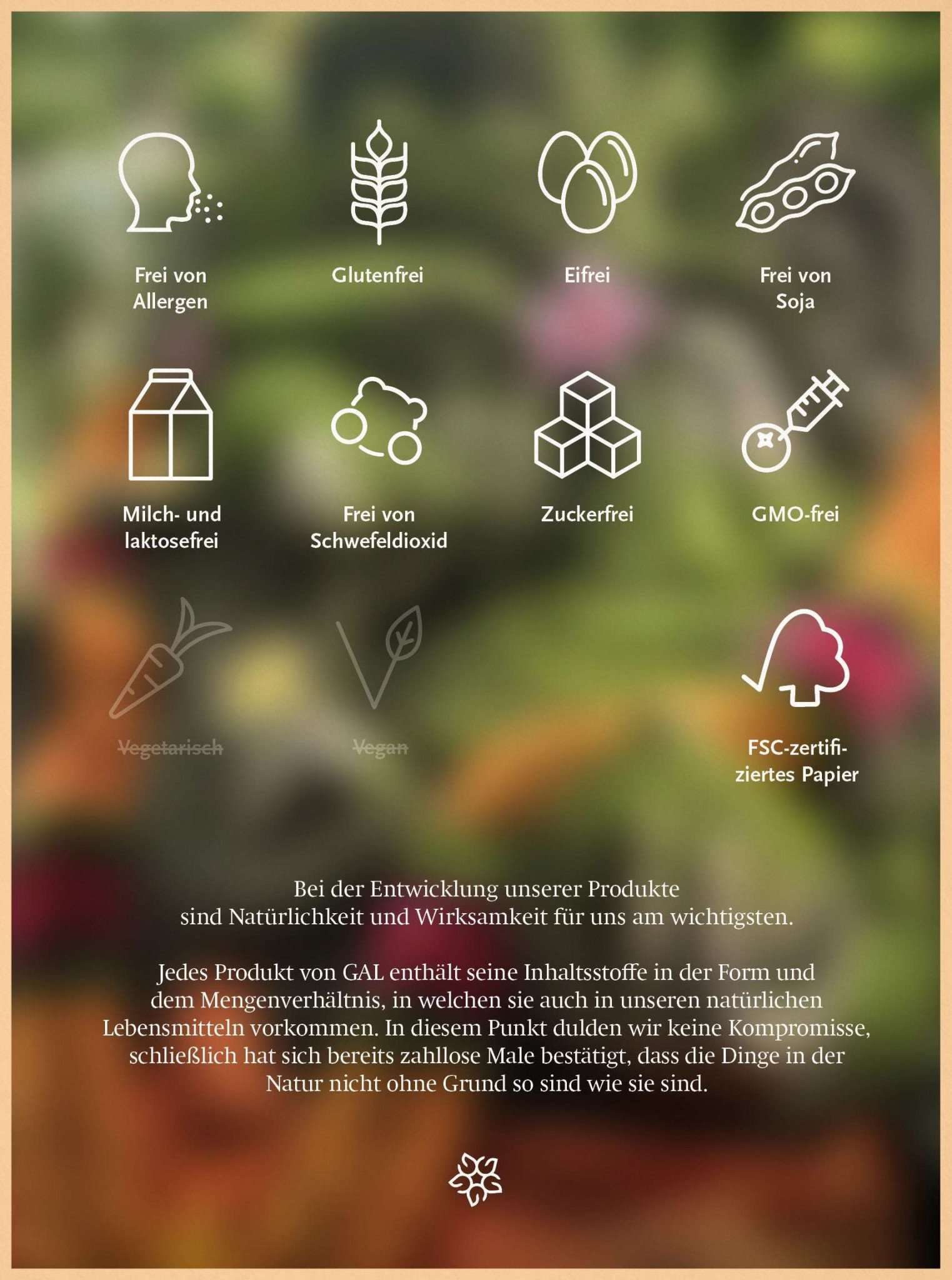 Symbole für allergenfrei, glutenfrei, eifrei, sojafrei, milch- und laktosefrei, schwefelfrei, zuckerfrei, GMO-frei.