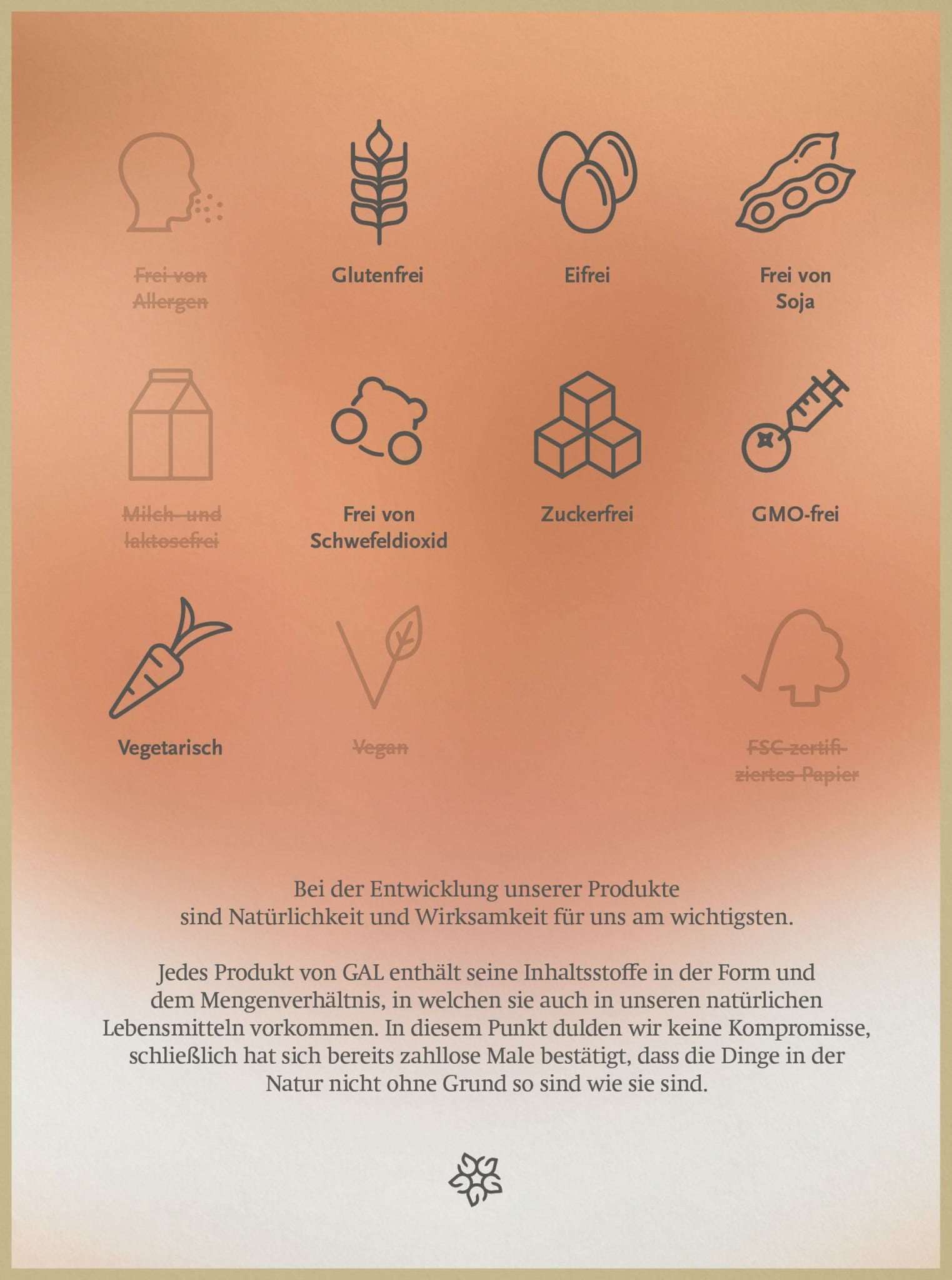 Infografik zu "GAL Flora Ballaststoffe-Pulver", zeigt Symbole: glutenfrei, eifrei, vegan, GMO-frei, zuckerfrei, FSC-Papier.