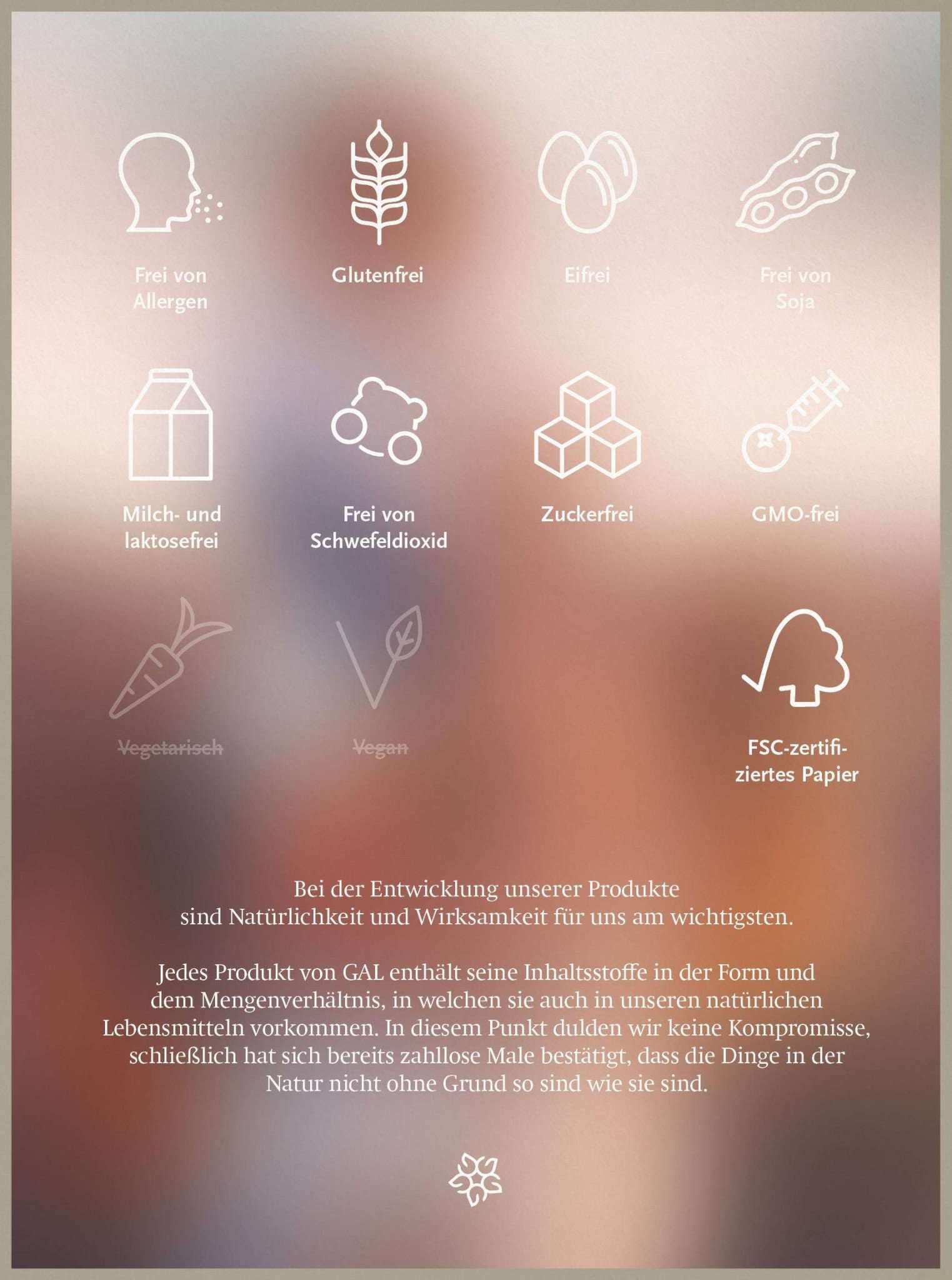Icons mit Beschriftungen: glutenfrei, eifrei, sojafrei, milch- und laktosefrei, schwefelfrei, zuckerfrei, GMO-frei; Text über Produktnatürlichkeit.