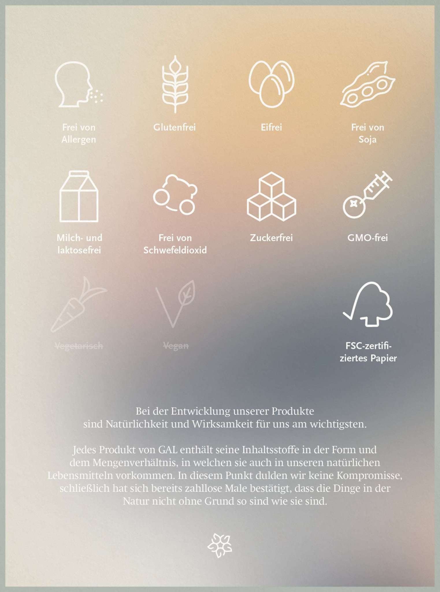 Symbole für "frei von" Allergenen, Gluten, Ei, Soja, Milch, Zucker, GMO, Vegetarisch, Vegan, FSC-zertifiziertes Papier.
