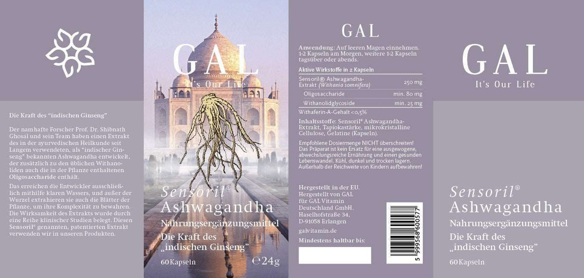 Etikett der GAL Sensoril® Bio Ashwagandha Kapseln mit Abbildung des Taj Mahals und Ashwagandha-Wurzel.