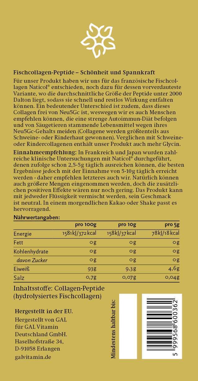 Produktetikett von GAL Fischkollagen Peptide mit Informationen zu Nährwerten, Inhaltsstoffen und Hersteller.