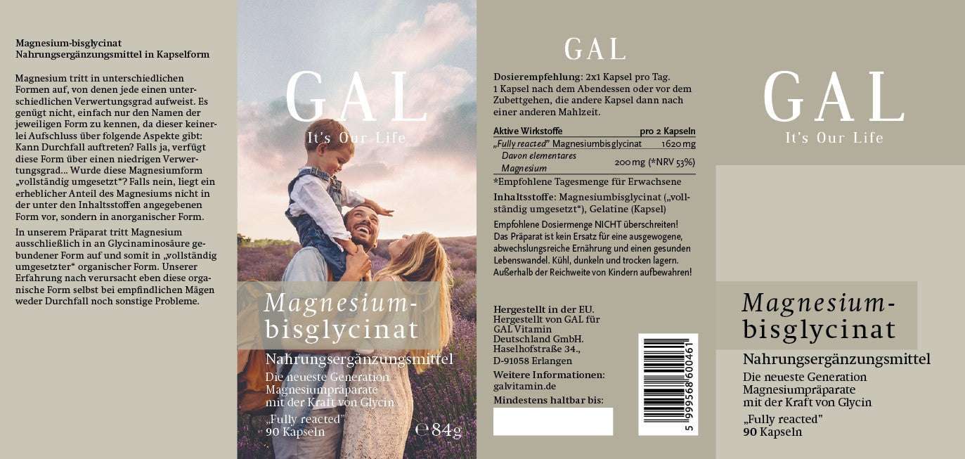GAL Magnesiumbisglycinat Verpackung mit Landschaftsfoto und Produktinformationen in Deutsch.