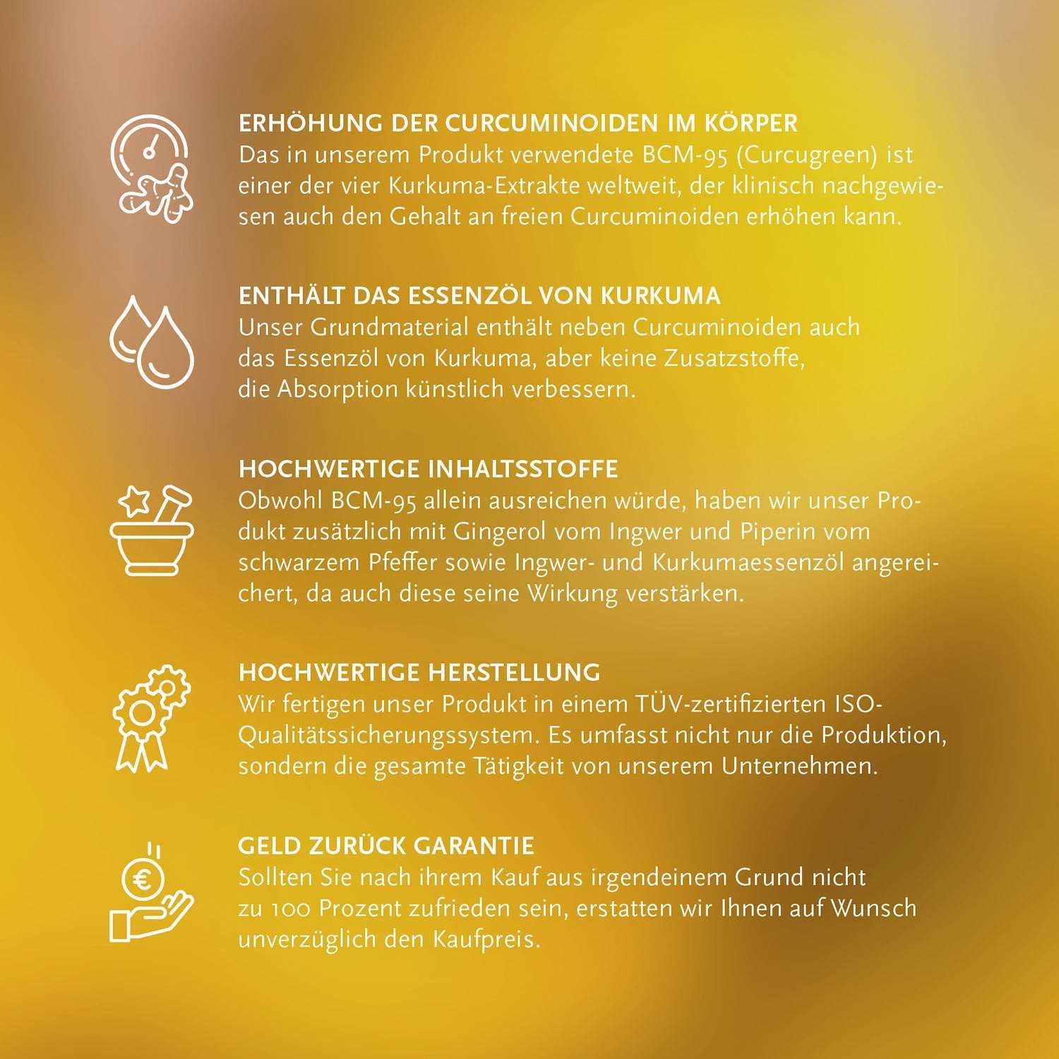 Grafik mit Text über die Vorteile von GAL Biocurcumin+ Forte, Icons zu Curcuminoiden, Kurkuma, Inhaltsstoffen, Herstellung, Geld-zurück-Garantie.