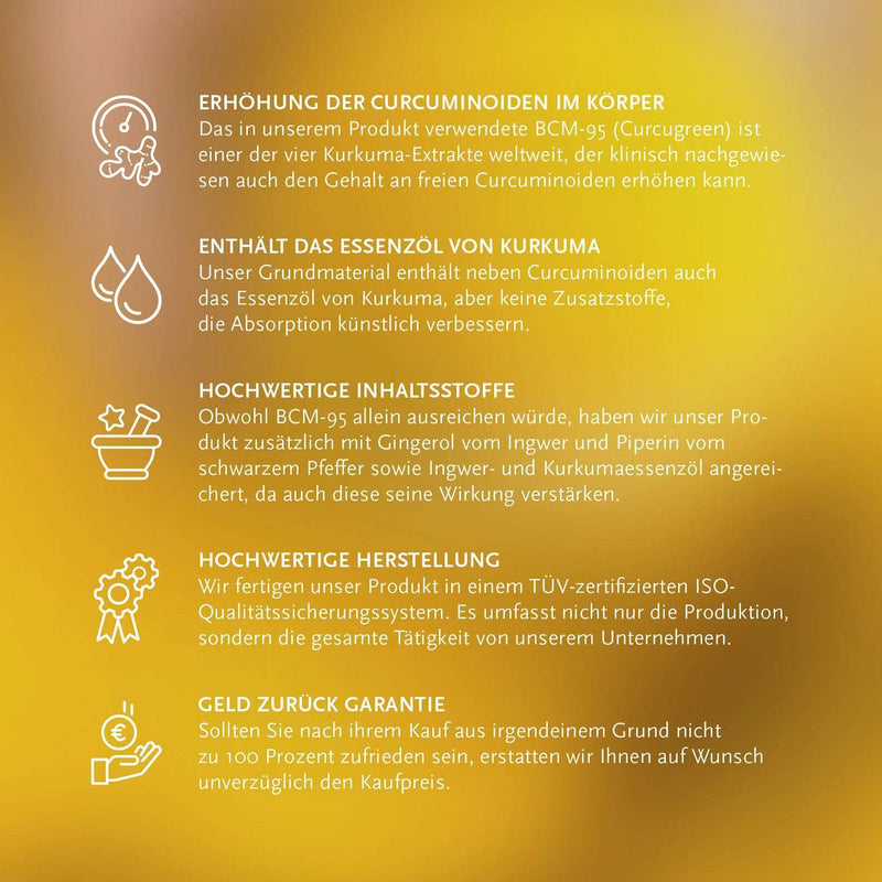 Infografik zu Curcuminoiden, Essenzöl, hochwertigen Inhaltsstoffen, zertifizierter Herstellung und Geld-zurück-Garantie.