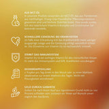 Informationen zu GAL Vitamin D3 Tropfen: MCT-Öl, Immunsystem-Stärkung, Dosierung, Geld-zurück-Garantie auf orangem Hintergrund.