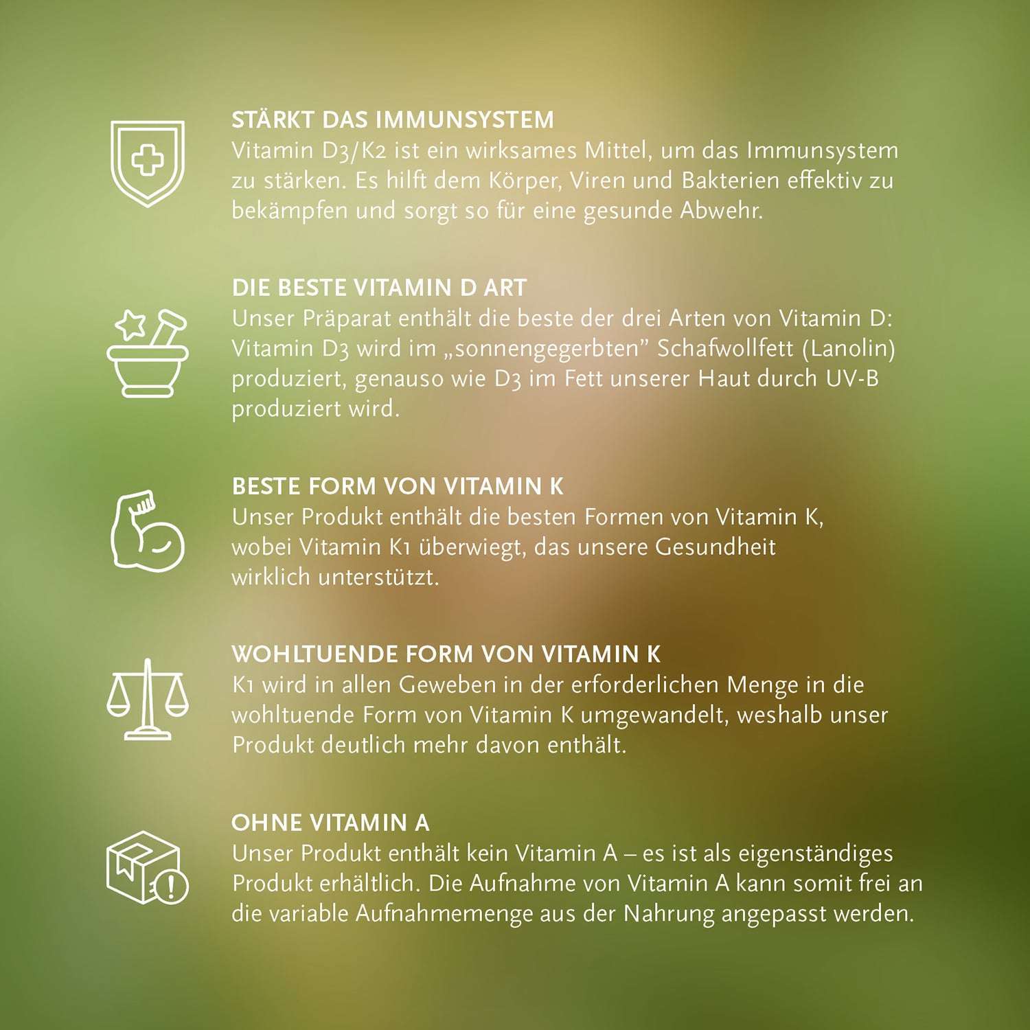 Poster mit Informationen zur Wirkung von Vitamin D3/K2, einschließlich Immunsystemstärkung und gesundheitsfördernden Eigenschaften.