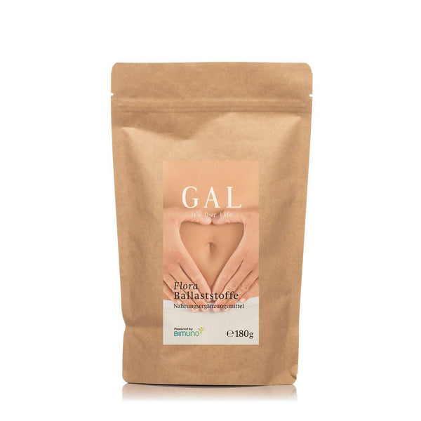 Packung GAL Flora Ballaststoffe-Pulver, 180g, aus braunem Papier mit Etikett und Herzmotiv über einem Bauch.