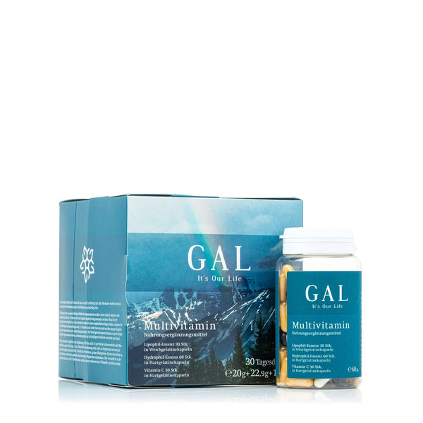 Schachtel und Flasche mit Multivitamin-Nahrungsergänzungsmittel vor weißem Hintergrund.