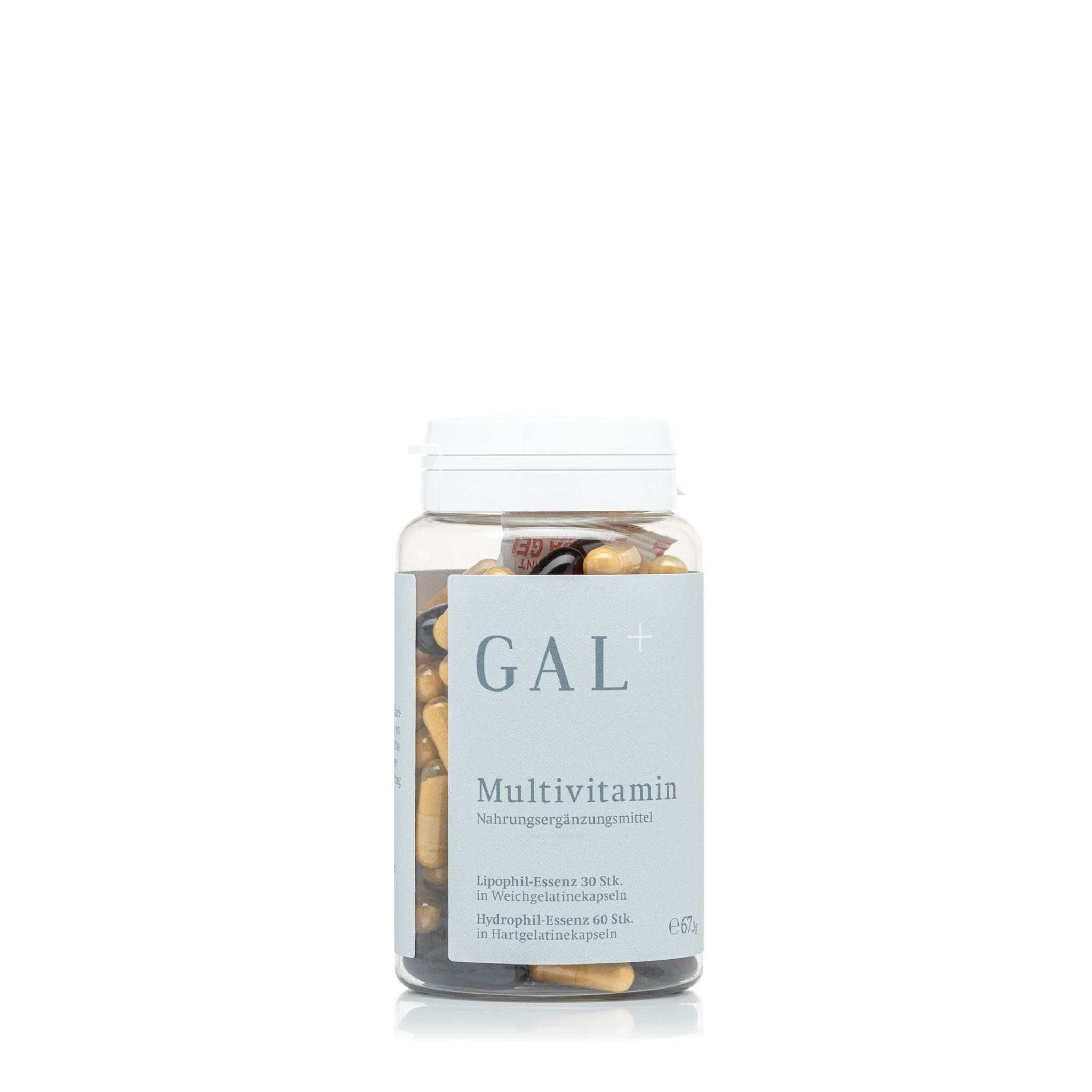 Flasche mit GAL+ Multivitamin, 30 Portionen, Nahrungsergänzungsmittel, auf weißem Hintergrund.