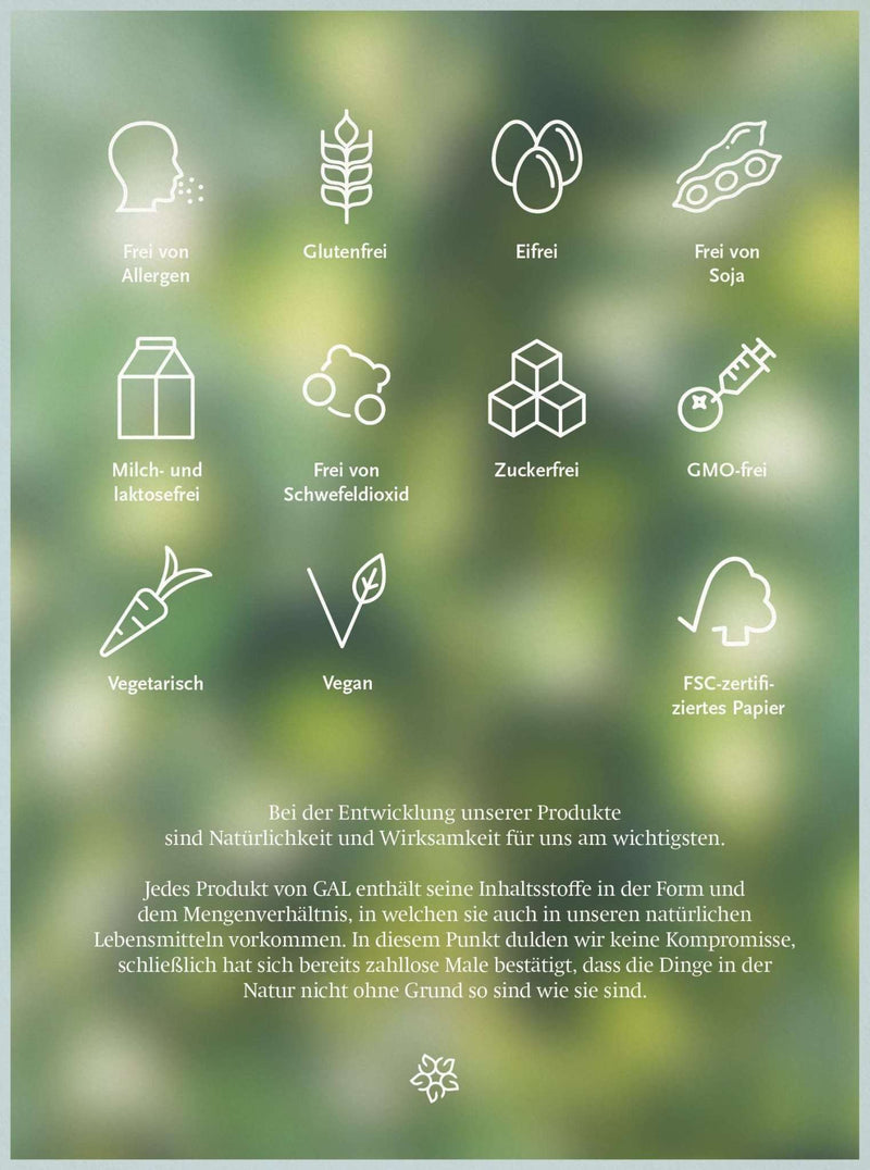 Icons für allergenfrei, glutenfrei, eifrei, sojafrei, laktosefrei, schwefelfrei, zuckerfrei, GMO-frei, vegetarisch, vegan, FSC-Papier.
