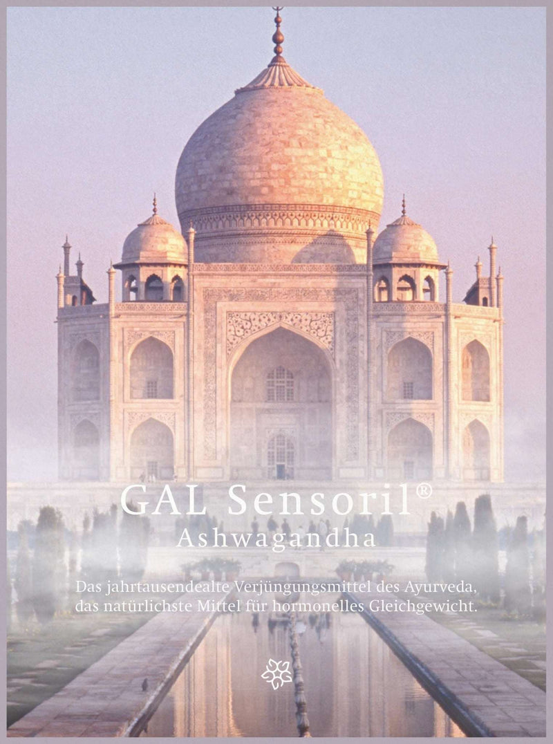 Ein Bild des Taj Mahal mit dem Text: "GAL Sensoril® Ashwagandha" und Beschreibung über ayurvedische Verjüngung.