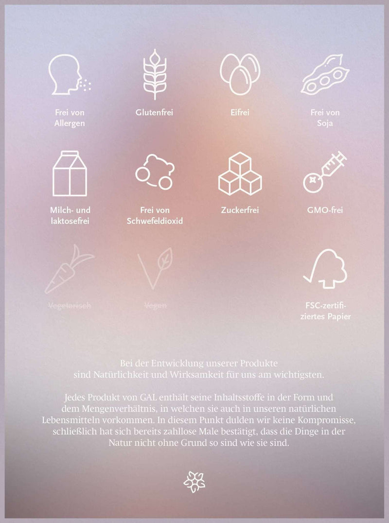 Symbole für allergenfrei, glutenfrei, eifrei, sojafrei, milchfrei, schwefelfrei, zuckerfrei, GMO-frei, vegetarisch, FSC-Papier.