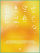 Infografik mit Symbolen für Allergenfreiheit, Glutenfreiheit, Eifreiheit, Sojafreiheit, laktosefrei, zuckerfrei, vegane Zutaten, nachhaltiges Papier.