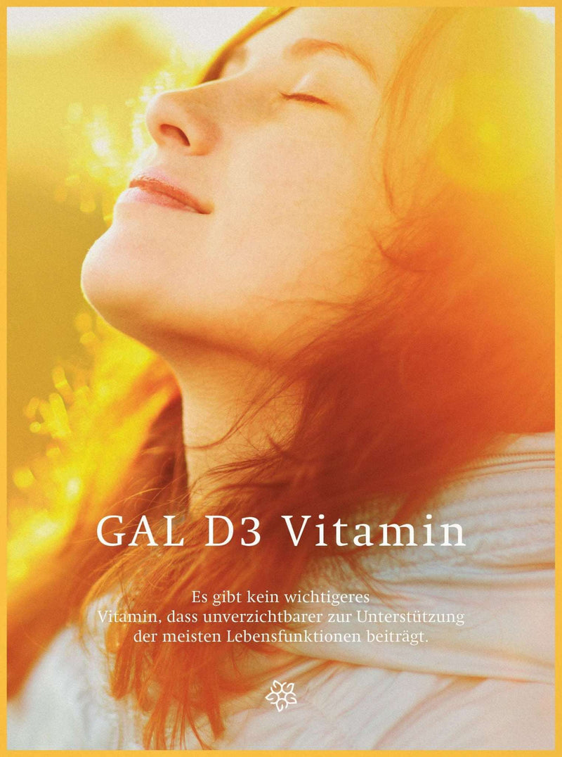 Eine Frau mit geschlossenen Augen genießt Sonnenlicht, mit Text über GAL D3 Vitamin und seiner Bedeutung für Lebensfunktionen.