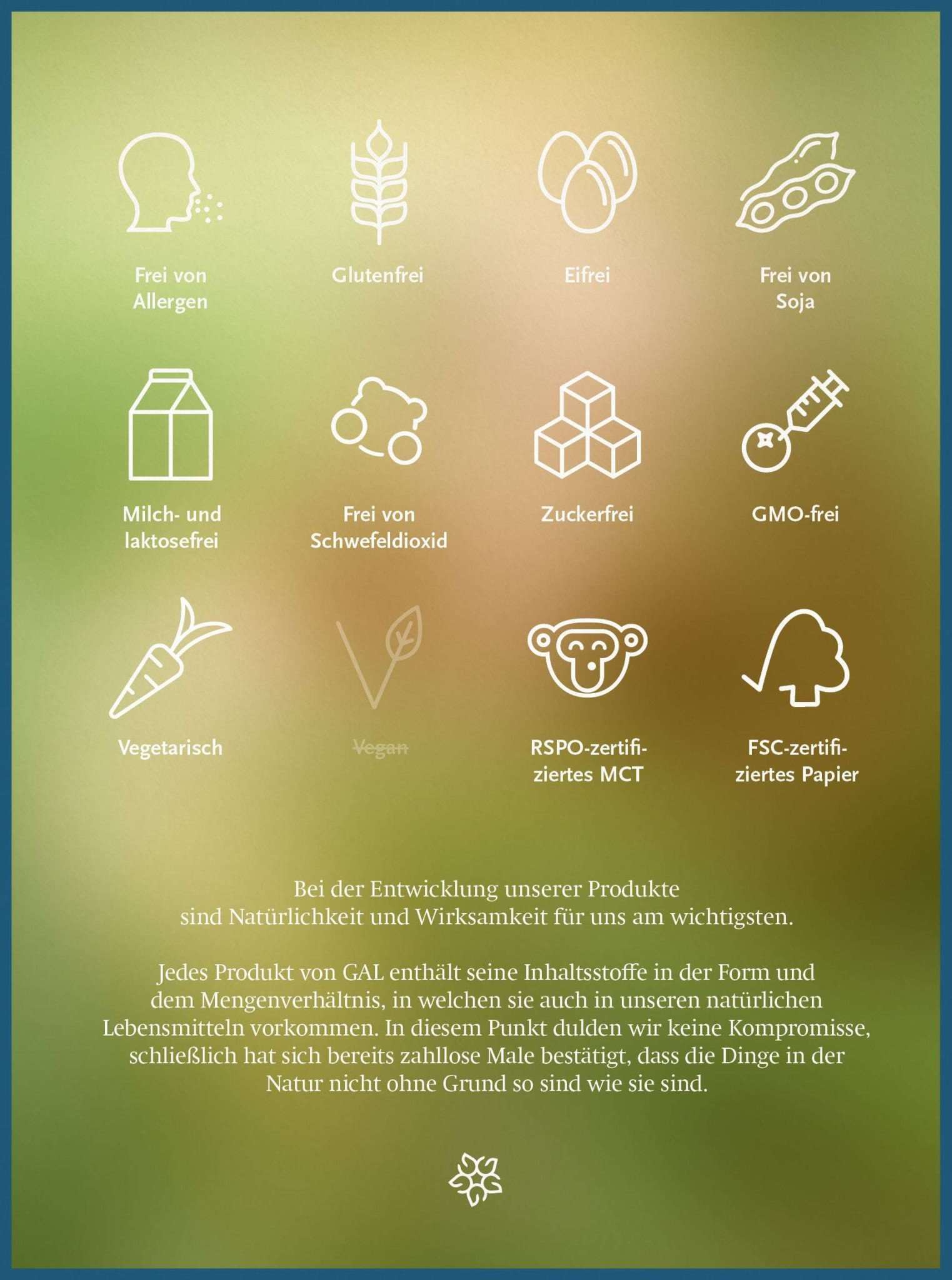 Produktinformationen zu GAL Vitamin K2 D3 Forte: Frei von Allergenen, vegan, glutenfrei, GVO-frei, umweltfreundlich.