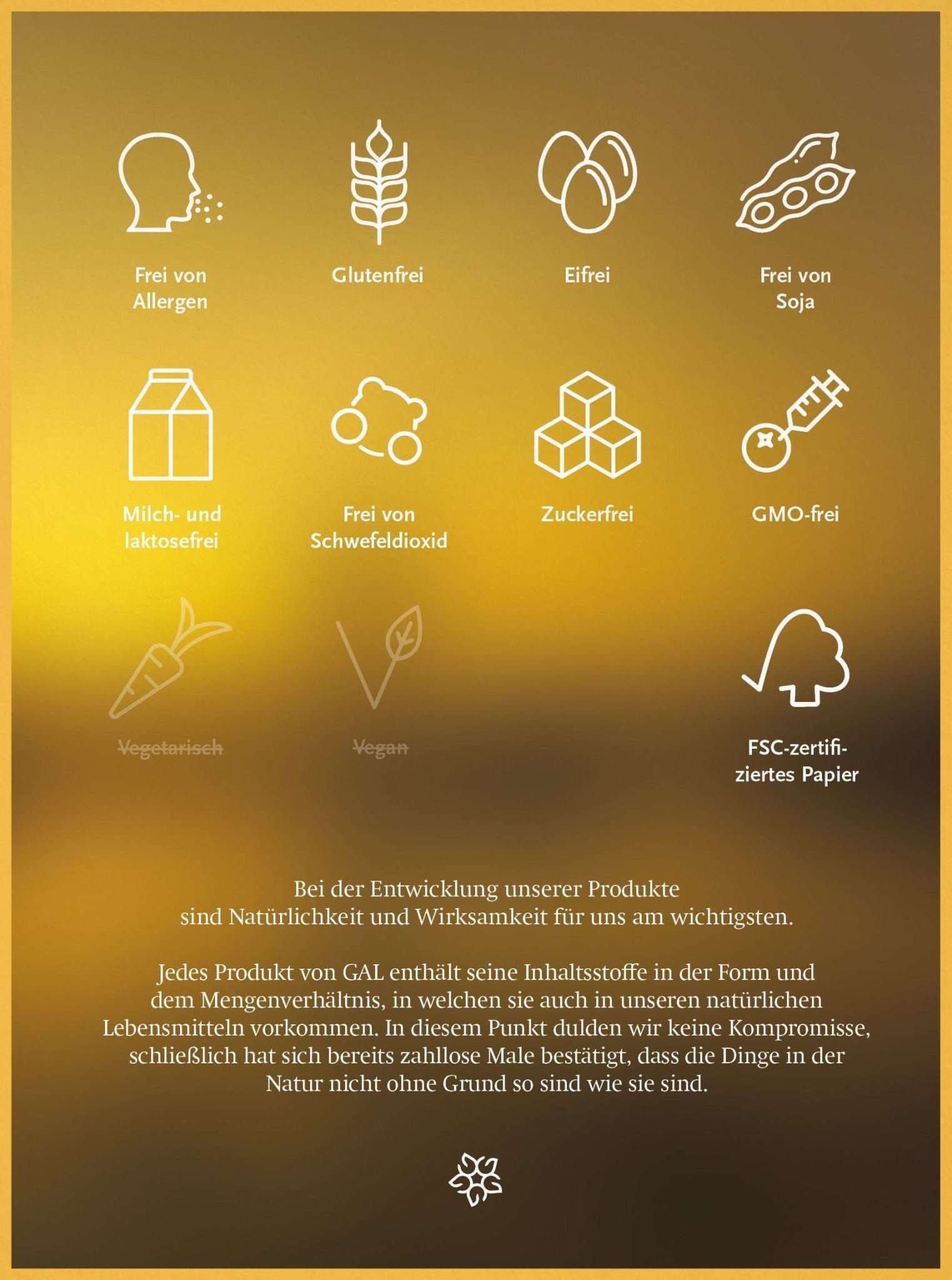 Icons zeigen allergenfrei, glutenfrei, eifrei, sojafrei, milch- und laktosefrei, schwefelfrei, zuckerfrei, GMO-frei, vegane Ernährung.