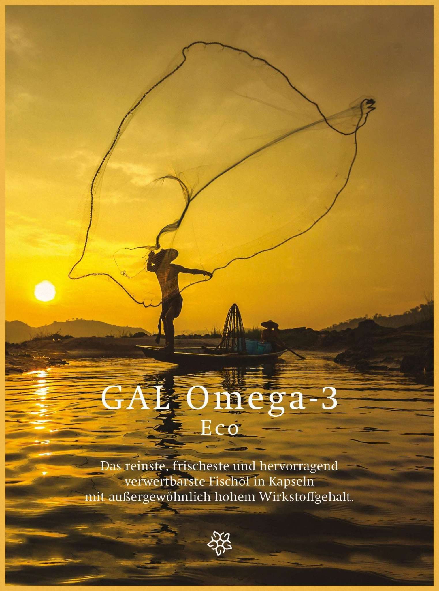 Eine Person wirft ein Fischernetz bei Sonnenuntergang aus. Text: "GAL Omega-3 Eco".