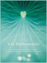 Grünes, künstlerisches Bild mit Blattform und Text: "GAL Pfefferminzöl, Hilfsmittel für normale Verdauung in Kapseln".