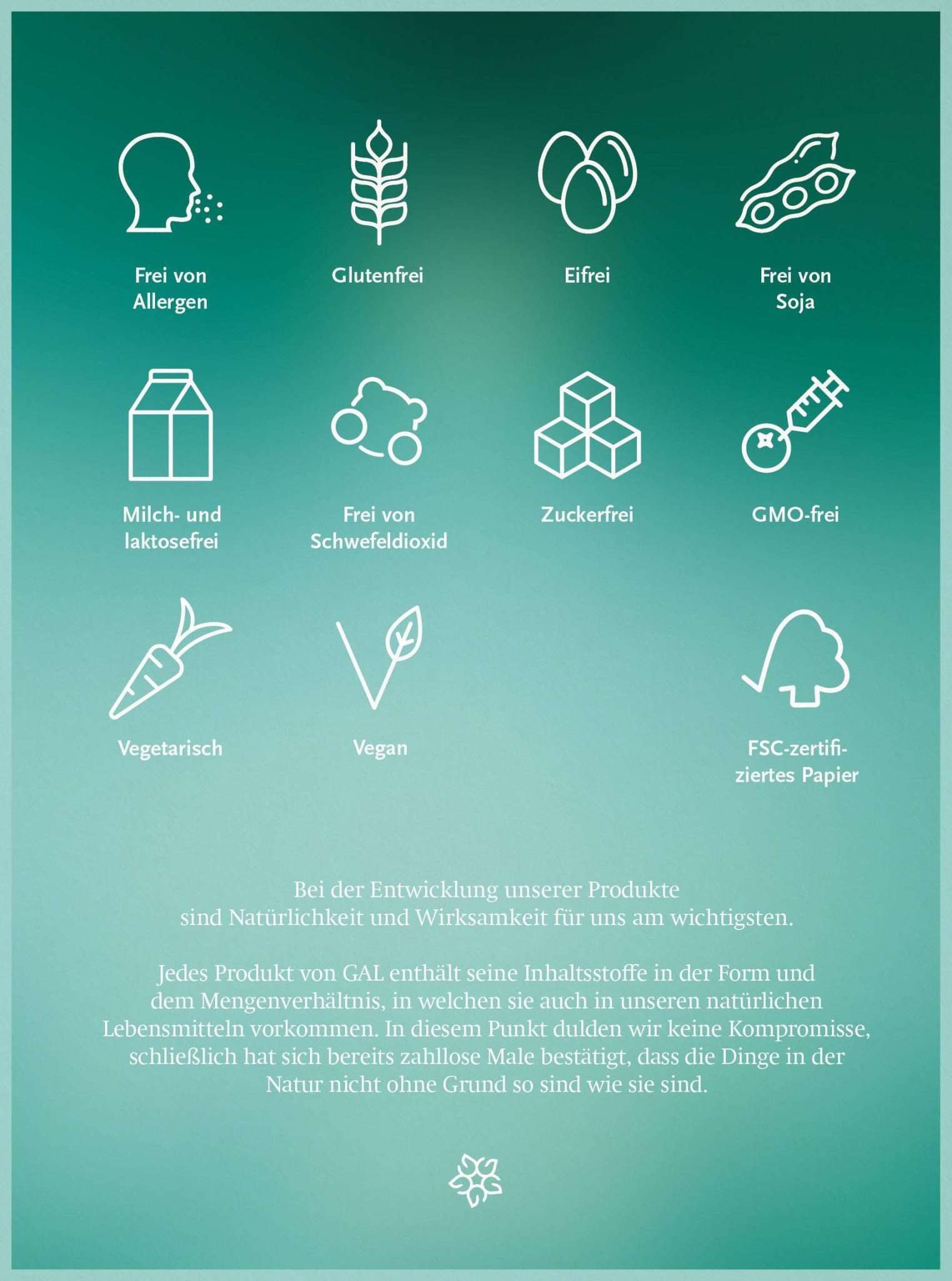 Symbole für allergenfreies, glutenfreies, eifreies, sojafreies, milchfreies, zuckerfreies, veganes, vegetarisches Produkt auf grünem Hintergrund.