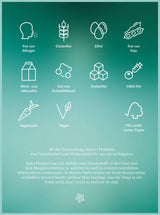 Symbole für allergenfreies, glutenfreies, eifreies, sojafreies, milchfreies, zuckerfreies, veganes, vegetarisches Produkt auf grünem Hintergrund.