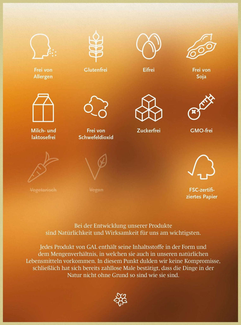 Icons und Text zu den Eigenschaften des GAL UC-II® Knorpelkomplex: allergenfrei, glutenfrei, eifrei, sojafrei, milchfrei, zuckerfrei, GMO-frei.