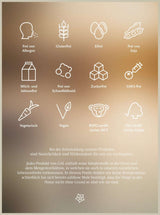Symbole für allergenfrei, glutenfrei, eifrei, sojafrei, milchfrei, zuckerfrei, vegetarisch, vegan, nachhaltig, mit Text.