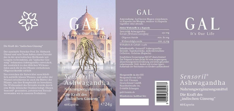 Etikett der GAL Sensoril® Bio Ashwagandha Kapseln mit Abbildung des Taj Mahals und Ashwagandha-Wurzel.