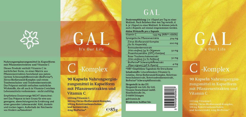 Etikett der GAL Vitamin-C-Kapseln mit Inhaltsangaben und Dosierungshinweisen.