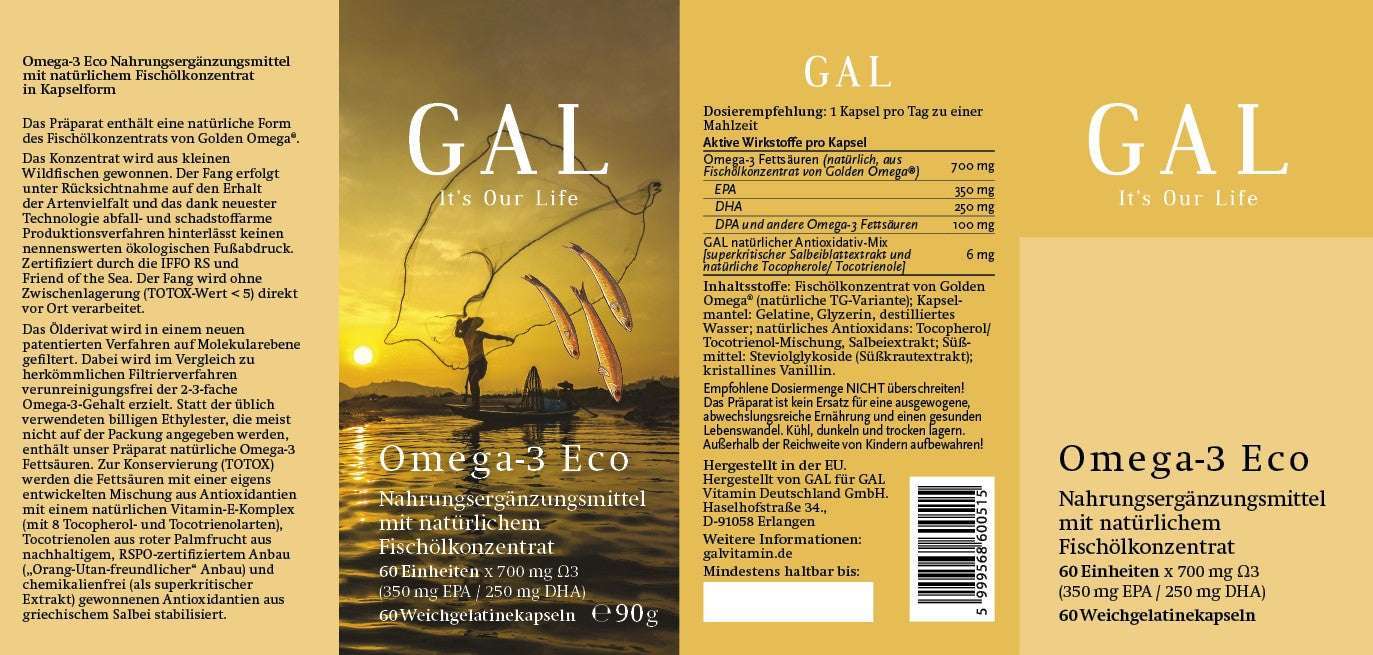 Etikett der GAL Omega-3 Eco Kapseln mit Abbildungen eines Fischers auf einem Boot und Produktinformationen.
