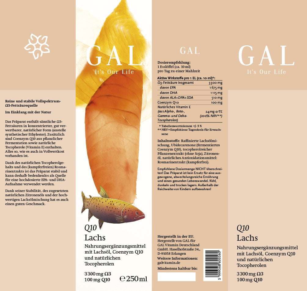 GAL Q10 Koenzyme Lachsöl - 3300 mg Omega 3 + 100 mg Q10 - Galvitamin.de | Shop