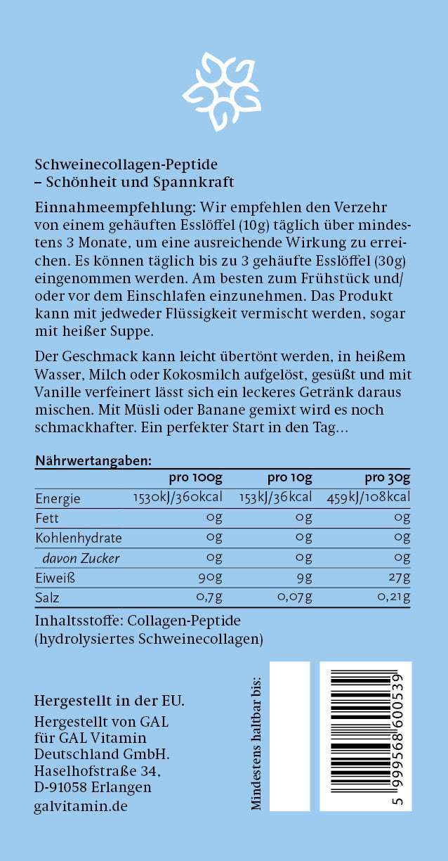 Produktetikett von GAL Schweinekollagen Peptide auf blauem Hintergrund mit Nährwertangaben und Verzehrempfehlungen.