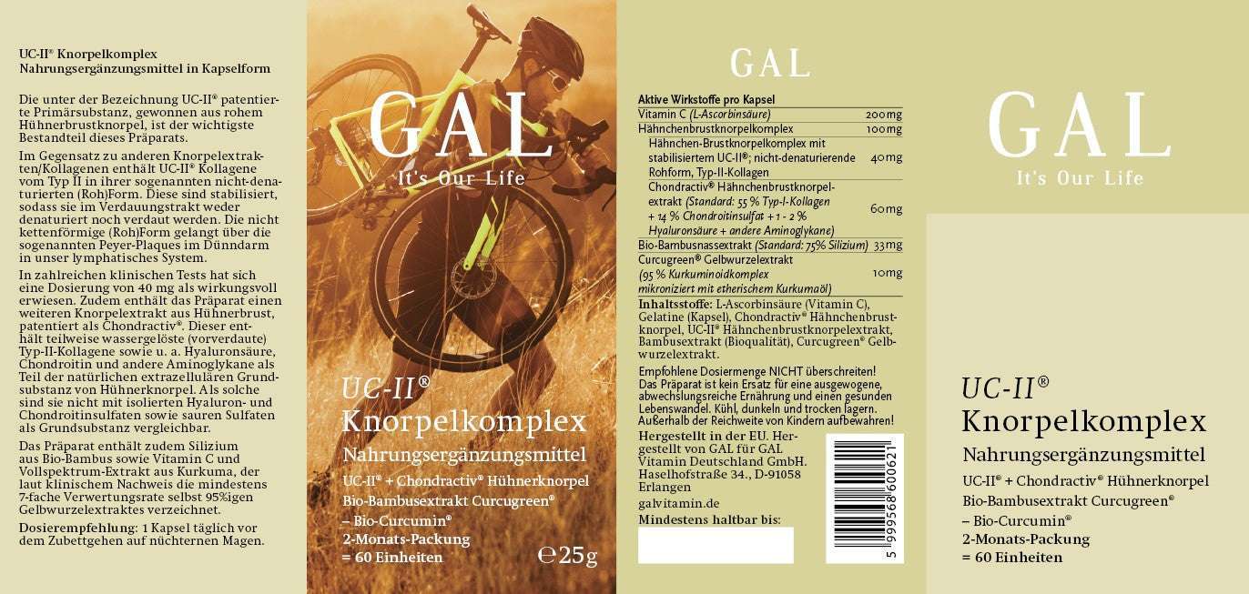 GAL UC-II® Knorpelkomplex Verpackung mit Fahrradfahrer, Produktname, Inhaltsstoffe und Gebrauchsanweisung.