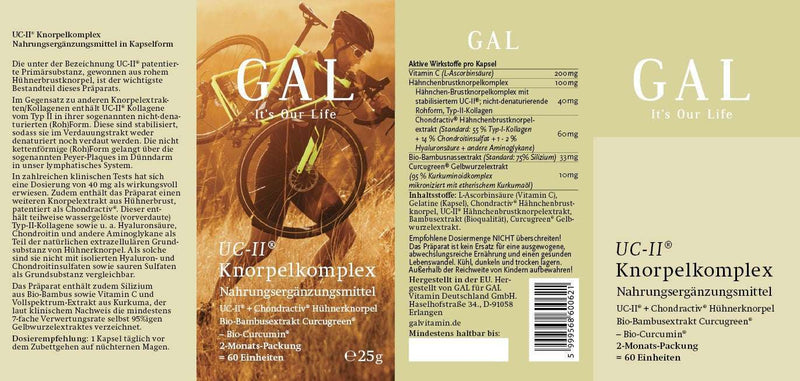 GAL UC-II® Knorpelkomplex Verpackung mit Fahrradfahrer, Produktname, Inhaltsstoffe und Gebrauchsanweisung.