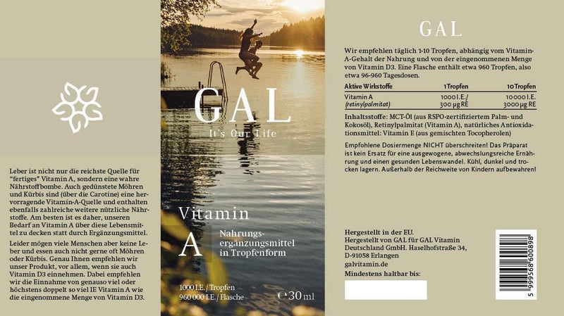 Etikett der GAL Vitamin A Tropfen 30ml Flasche mit Produktinformationen und Grafik eines Schwimmers im See bei Sonnenuntergang.