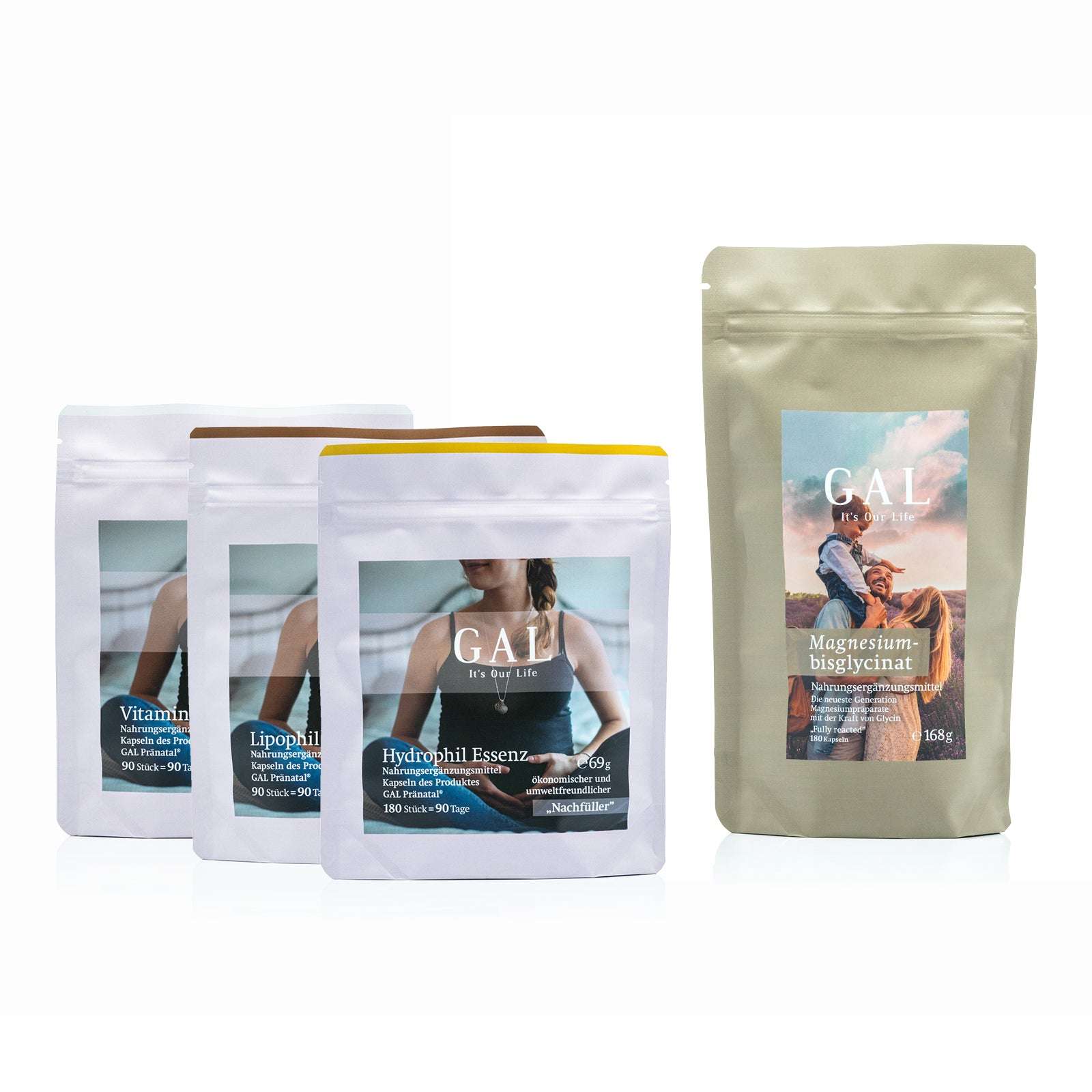 Vier Nachfüllbeutel der Marke "GAL Pränatal," darunter Vitamine und Magnesium, mit einem sauberen, minimalistischen Design.